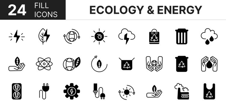 Collection of 24 ecology & energy fill icons featuring editable strokes. These outline icons depict various modes of ecology & energy, sustainable, battery, ray, line,