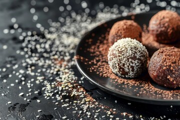 Raw vegan sweet balls on black background with nuts dried fruits coconut cocoa and sesame seeds...