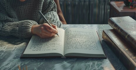 Naklejka premium A person is writing in a notebook with a pen. The notebook is open to a page with a lot of writing on it. The person is sitting at a table with a chair in front of them