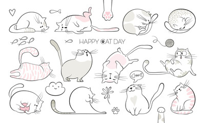Cute fat cats and funny kitten doodle vector set. Happy international cat day characters design collection with flat  and outlined pastel color in different poses