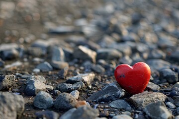Obraz premium A red heart sitting on top of a pile of rocks