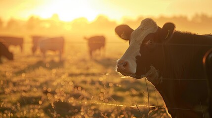 Close-up shot of a large livestock farm at dawn with visible methane emissions highlighted by the morning light - obrazy, fototapety, plakaty