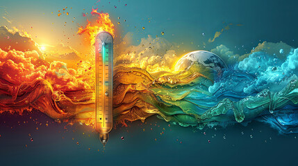 Artistic illustration of Earth with a thermometer soaring to new heights surrounded by symbols of drought - obrazy, fototapety, plakaty