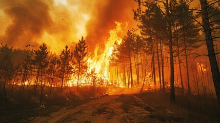 Dynamic image of a wildfire raging through a forest exacerbated by dry conditions and extreme heat