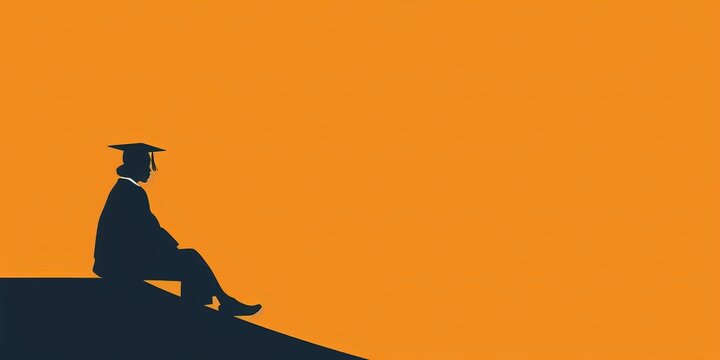 A man in a graduation cap sits on a ledge. The image is orange and black. The man is looking off into the distance