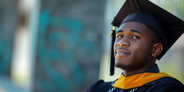 A young man wearing a black graduation cap and gown is smiling. He is wearing a yellow corduroy tie