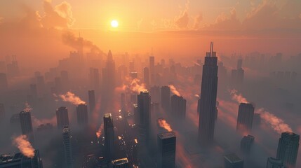 Realistic 3D image of a city engulfed in thick smog from burning fossil fuels skyscrapers obscured by pollution