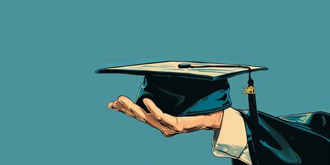 A hand holding a graduation cap. Concept of accomplishment and pride, as the person is holding a symbol of their academic achievement - obrazy, fototapety, plakaty
