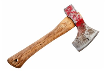 Red fire axe isolated with wooden handle on white background with clipping path