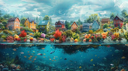 Obraz premium Split-view illustration showing a vibrant coastal community on one side and the same area affected by rising sea levels on the other