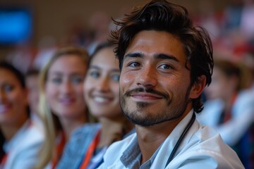 Cheerful young male graduate in academic attire smiling at a graduation ceremony with peers in the background