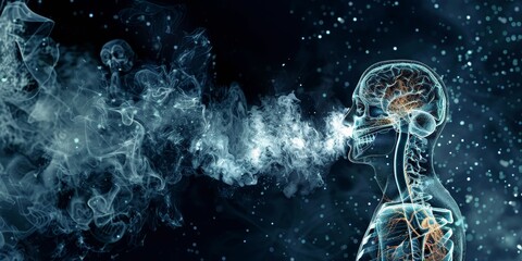 A man's head is blowing smoke out of his mouth. The image is a representation of the human brain and its functions. The smoke represents the thoughts - obrazy, fototapety, plakaty