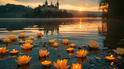 sunset over the river with a lily flowers and candles floating in the water and castle in the background. 