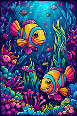 Bright yellow fish swim in the depths of the ocean among the colorful corals. World Ocean Day. Children's book cover.