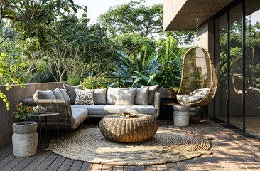 outdoor garden with a wooden terrace, rattan sofa and armchair surrounded by nature with a hanging chair and round table decorated with beige pillows and a blanket, a brown patterned carpet on the dec
