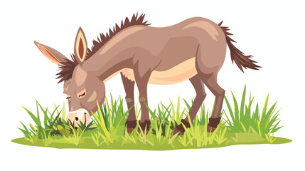Funny cartoon donkey eating grass flat vector isolated