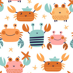 Seamless childish pattern with  crabs and starfish. Suitable for baby prints, nursery decor, wallpaper, wrapping paper, stationery, scrapbooking. Vector