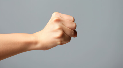 Strong, singular fist raised against a neutral background, symbolizing power and solidarity. - obrazy, fototapety, plakaty
