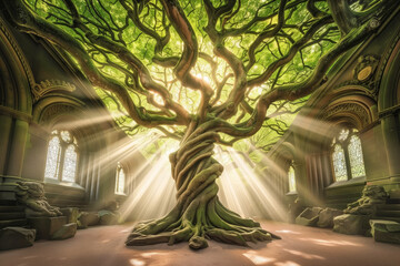 A large tree with many branches and leaves, growing in the center of an old gothic church hall. Sun rays shining through the windows onto it, roots