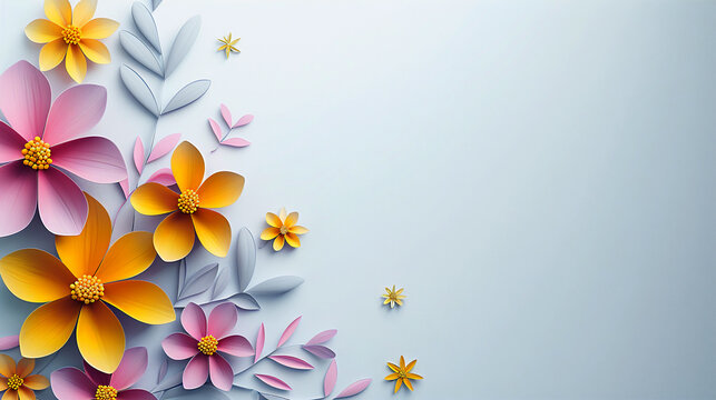 Paper cut beautiful yellow, pink daysies with leaves on a light background. Invitation design. Floral banner. Copy space.