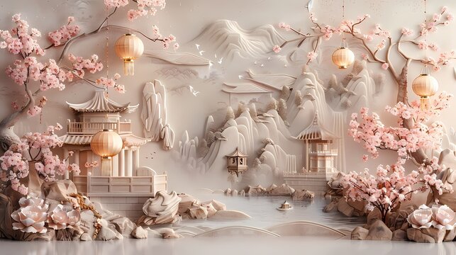 Traditional pink lantern relief mural poster background