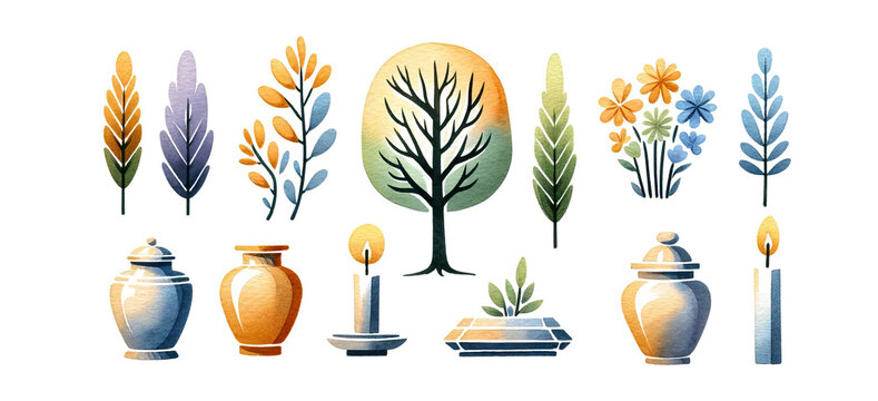 Watercolor illustration of various foliage, ceramic urns, and candles, ideal for concepts such as funeral, remembrance, and still life art