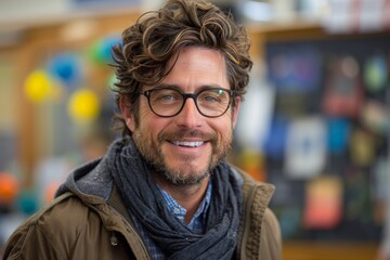 Charismatic man with tousled hair sporting glasses and a genial smile - obrazy, fototapety, plakaty