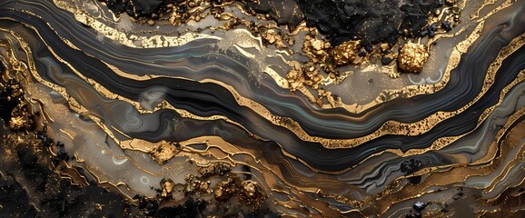 Luxurious layers of gold and mineral textures converge, crafting an abstract artwork that captivates with its intricate design. - obrazy, fototapety, plakaty