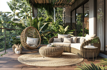 outdoor garden with a wooden terrace, rattan sofa and armchair surrounded by nature with a hanging chair and round table decorated with beige pillows and a blanket, a brown patterned carpet on the dec - obrazy, fototapety, plakaty