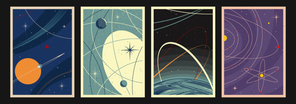 Retro Future Style Space Posters Template Set. Cosmic Backgrounds, Planets, Stars, Orbits. Mid Century Modern Style Graphic