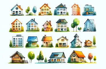 Colorful watercolor illustration of diverse residential houses, ideal for real estate concepts and community-themed designs, perfect for Housewarming and Neighbors Day promotions