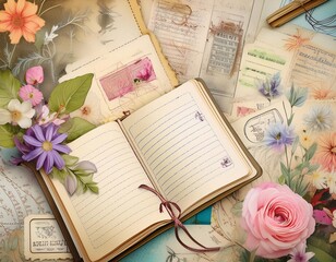 old book with flowers and paper