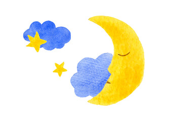 Night sky with stars and moon objects isolated clipart collection. Hand drawn in watercolor style clouds moon and stars - 779649573