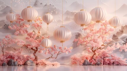 Traditional pink lantern relief mural poster background
