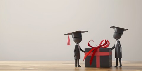 Two men in graduation caps are holding a black box with a red ribbon. Concept of accomplishment and celebration, as the two men are likely graduates receiving their diplomas - obrazy, fototapety, plakaty