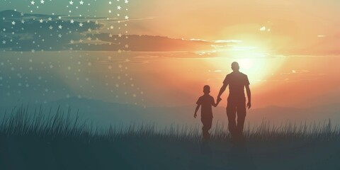A man and a child are walking together in a field at sunset. The sky is filled with stars, creating a peaceful and serene atmosphere. Concept of togetherness and love between the father and son - obrazy, fototapety, plakaty