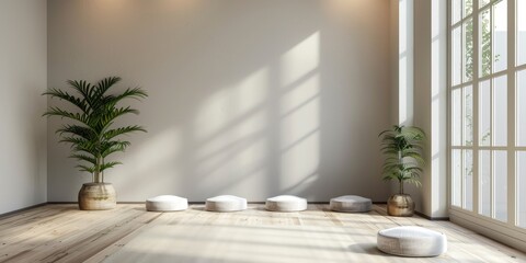 A room with a white wall and a window. There are two potted plants in the room