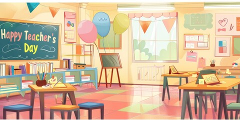 A classroom with a chalkboard and balloons for Happy Teacher's Day. The room is filled with chairs and tables, and there are books scattered around. The atmosphere is cheerful and welcoming