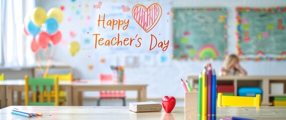 A classroom with a banner that says Happy Teachers Day. The banner is on the wall and has a heart drawn on it. The classroom is decorated with balloons and has a child sitting at a desk