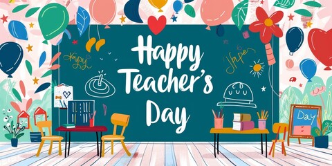 A colorful poster with balloons and a chalkboard that says Happy Teacher's Day. The poster features a classroom scene with a chalkboard, chairs, and a potted plant. The poster conveys a cheerful