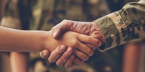 A man shakes hands with a child. The man is wearing a camo jacket. The child is wearing a shirt with a military insignia - obrazy, fototapety, plakaty