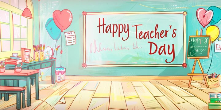 A classroom with a chalkboard and a sign that says Happy Teacher's Day. The room is decorated with balloons and other school supplies
