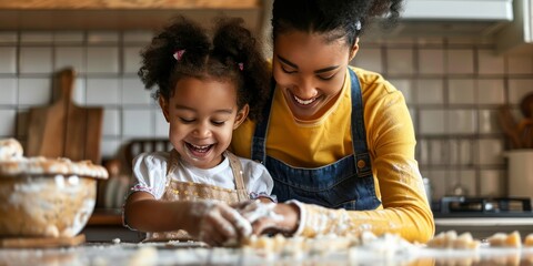 A woman and a little girl are in a kitchen, making cookies. The woman is wearing an apron and the girl is wearing a white shirt. They are both smiling and seem to be enjoying themselves - obrazy, fototapety, plakaty