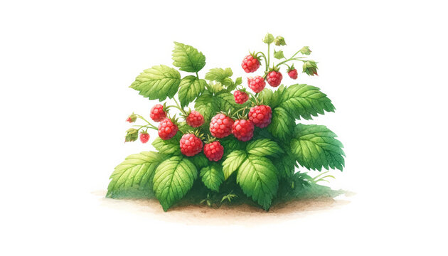 Vibrant illustration of ripe raspberries on a bush, ideal for summer, healthy eating concepts, and gardening content