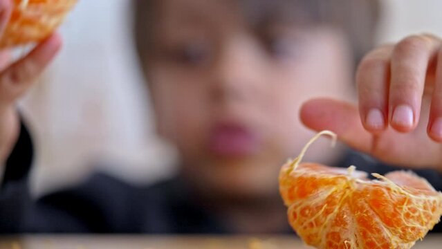 Child Sharing Food - Little Boy Splits Tangerine Into Two Halves And Then Offers One Half To His Companion