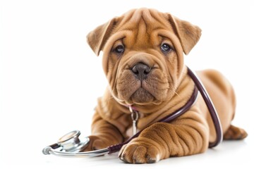 Sharpei puppy with stethoscope white background