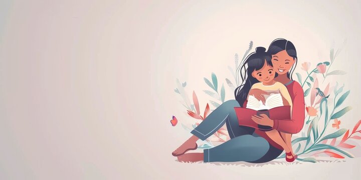 A woman and a child are sitting together and reading a book. Concept of warmth and togetherness, as the two people are sharing a quiet moment of bonding over a shared activity
