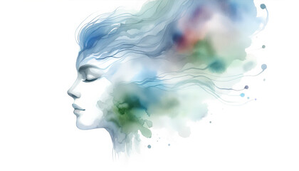 Surreal female profile with watercolor elements, symbolizing creativity and mental health awareness, ideal for artistic and World Mental Health Day themes
