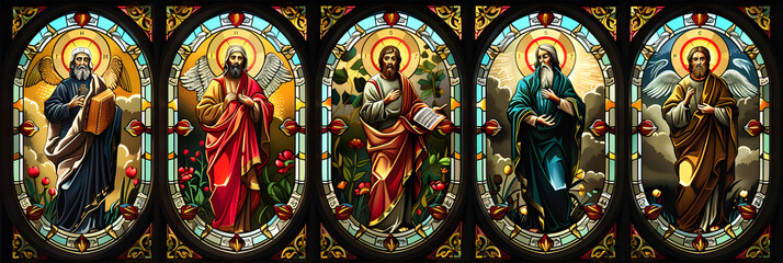 Days of the Week Icons Sunday ,
A stained glass window showing jesus and the three kings in the style of political symbolism
 - obrazy, fototapety, plakaty