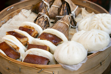 Chinese bao stuffed with roasted pork belly cooked in the Chinese district of Nankinmachi in the...